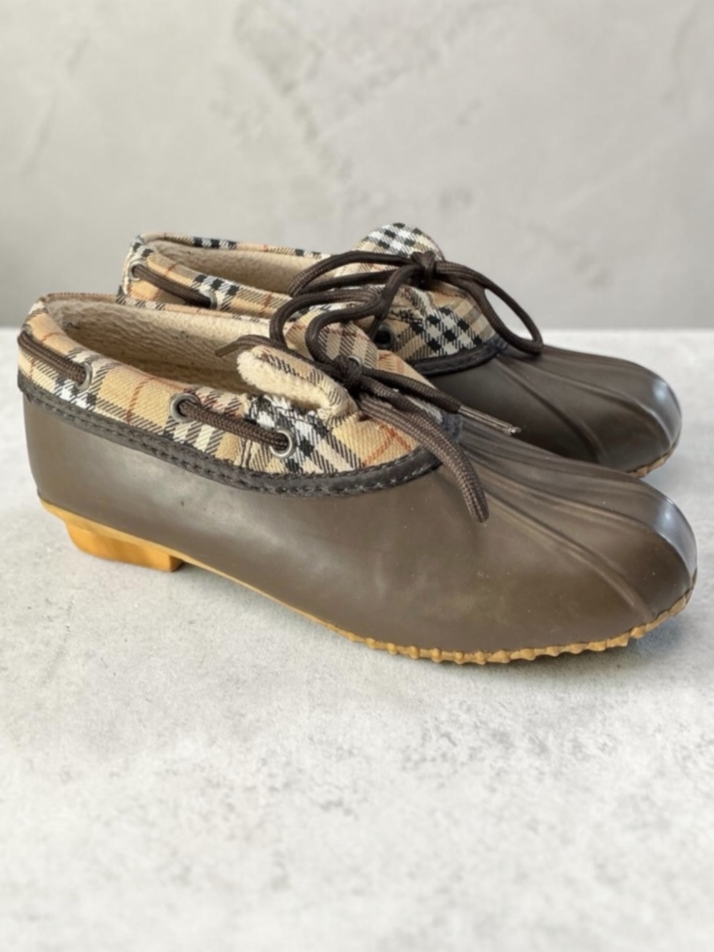 Tamarack Brown and Plaid Waterproof Rubber Duck Shoes